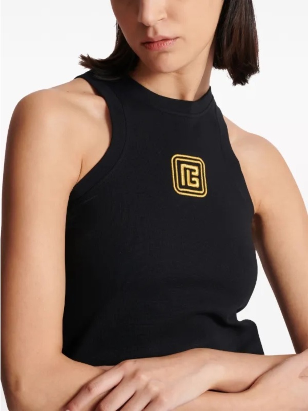 Balmain Black Ribbed Tank with Gold Emblem